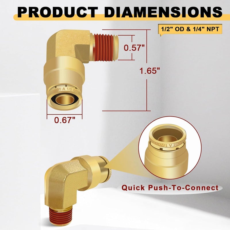 Siptenk 1/2" Elbow DOT Brass Push to Connect Air Line Fittings 5 PCS, 1/2" OD Tube x 1/4" NPT Thread Air Brake Line Quick Connect Fittings for Truck Trailers Industry Air System - Image 5